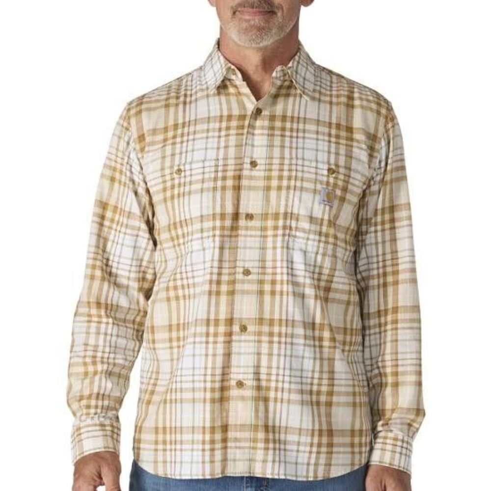 Carhartt Shirt Men's S Tan Plaid Rugged Flex Relaxed Fit Button Up Long Sleeve